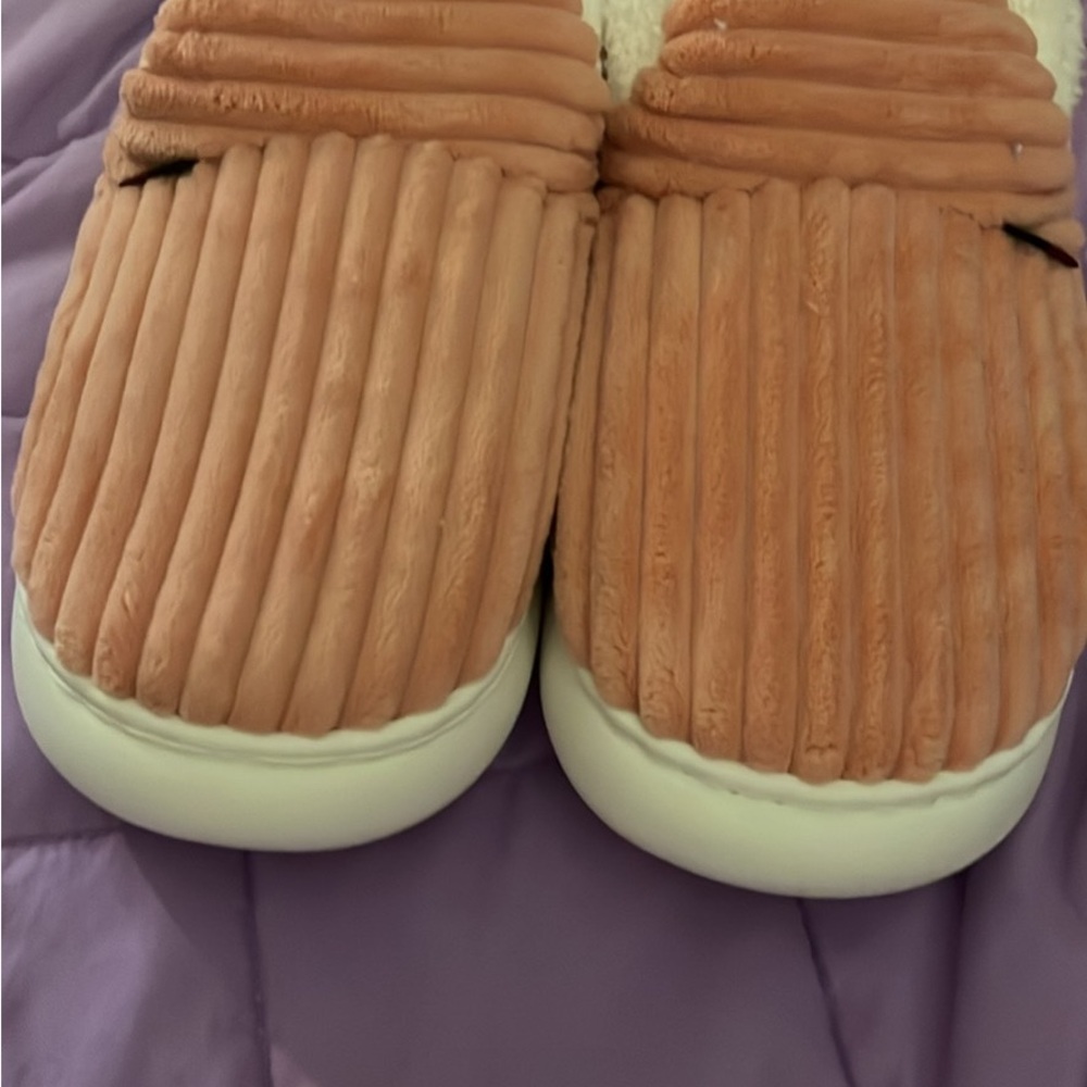 Pink  and White Corduroy Slippers with Ribbed Texture comfy and cozy
